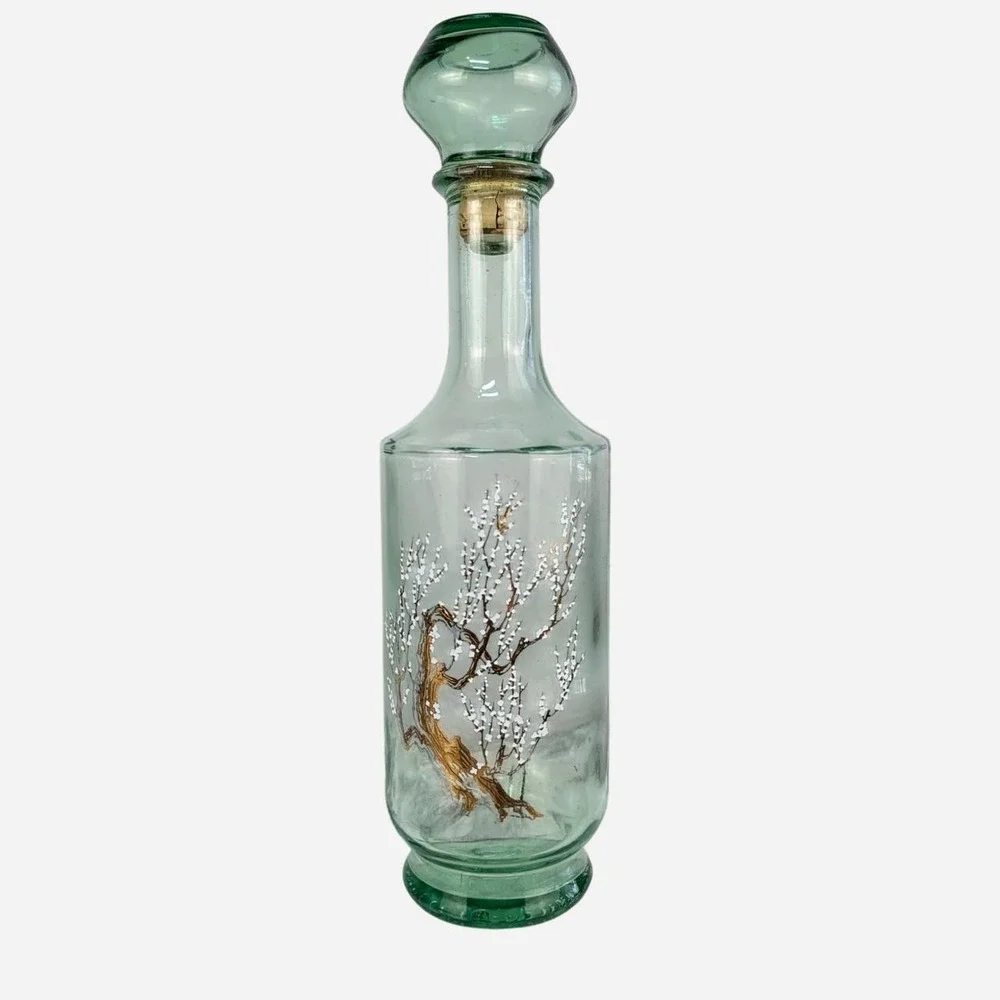 1960s MCM Art Glass Decanter Painted Blossom Branch